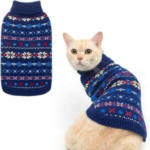 New! Medium Blue Cat Winter Sweater with Snowflake - Soft Turtleneck Knitted